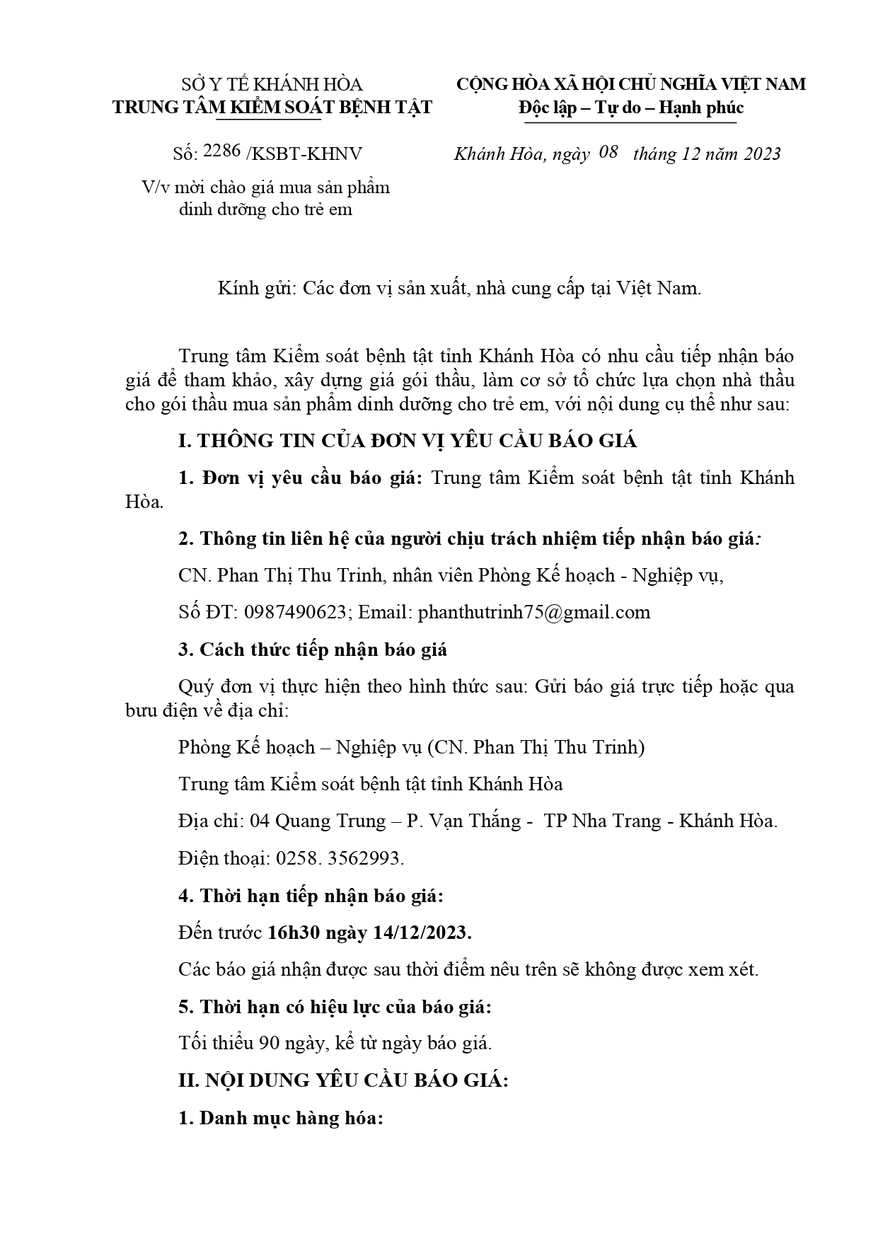 V/v mời chào giá mua sản phẩm dinh dưỡng cho trẻ em